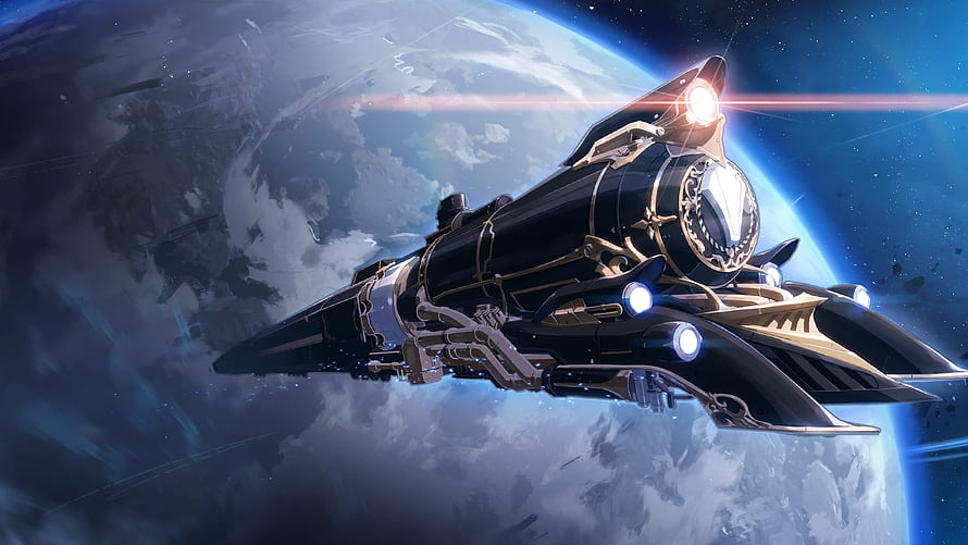 Steampunk Space Train Locomotive Flying Over Planet Earth In Deep Space HD wallpaper