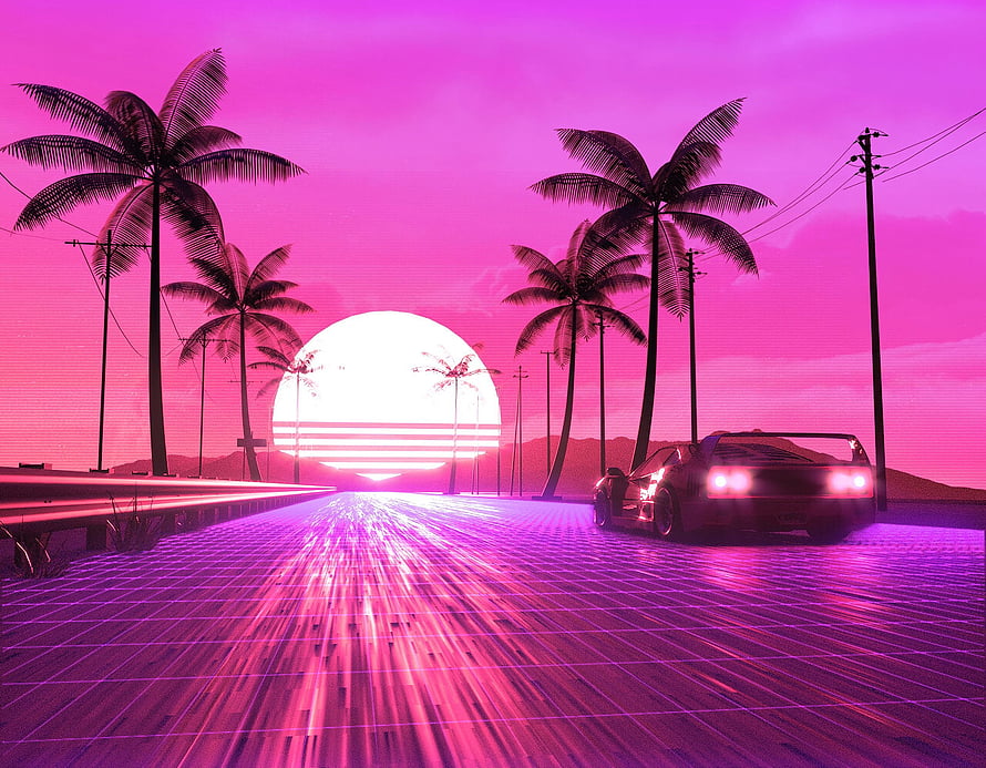 Retro 80s Synthwave Sunset with Neon Grid Road, Palm Trees and Sports Car HD wallpaper