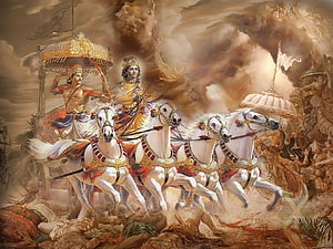 Arjuna and Krishna in the Chariot of War from the Mahabharata HD wallpaper