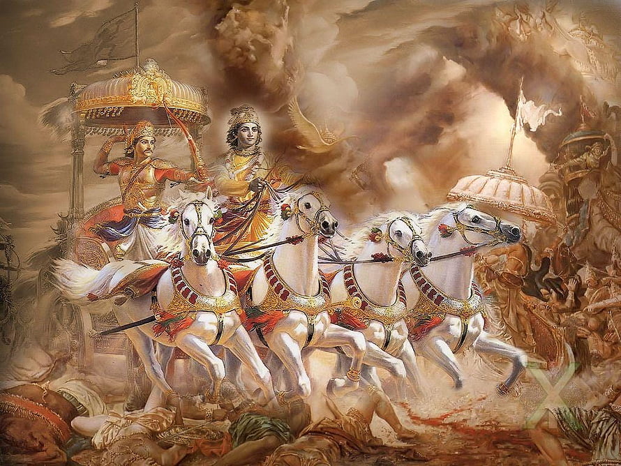 Arjuna and Krishna in the Chariot of War from the Mahabharata HD wallpaper