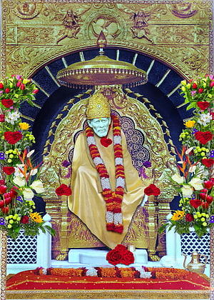 Sai Baba Shirdi Statue Seated on Golden Throne with Flower Garlands and Decorations HD phone wallpaper