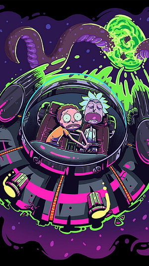 Rick and Morty Space Adventure Illustration with Neon Purple and Green Palette HD phone wallpaper