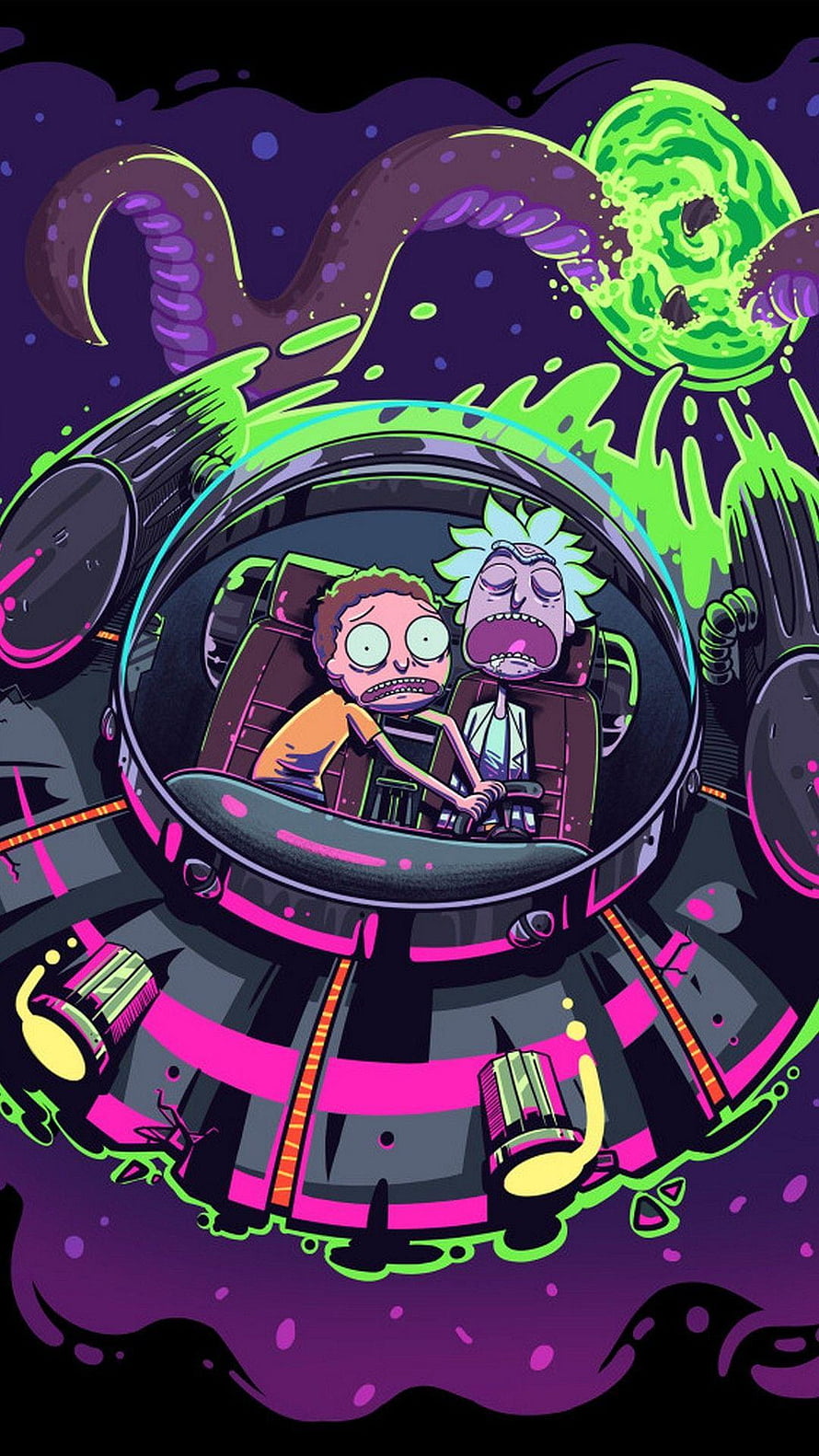 Rick and Morty Space Adventure Illustration with Neon Purple and Green Palette HD phone wallpaper