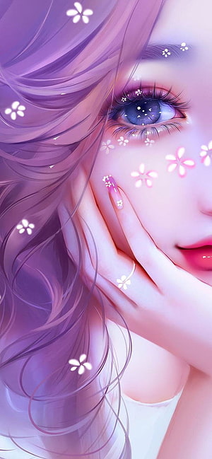 Purple Anime Girl With Glowing Flower Stickers And Blue Eyes HD phone wallpaper