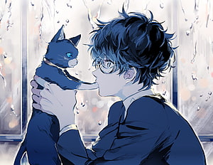 Anime Boy With Glasses Holding Blue Cat Near Rainy Window HD wallpaper