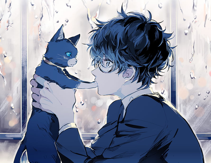 Anime Boy With Glasses Holding Blue Cat Near Rainy Window HD wallpaper