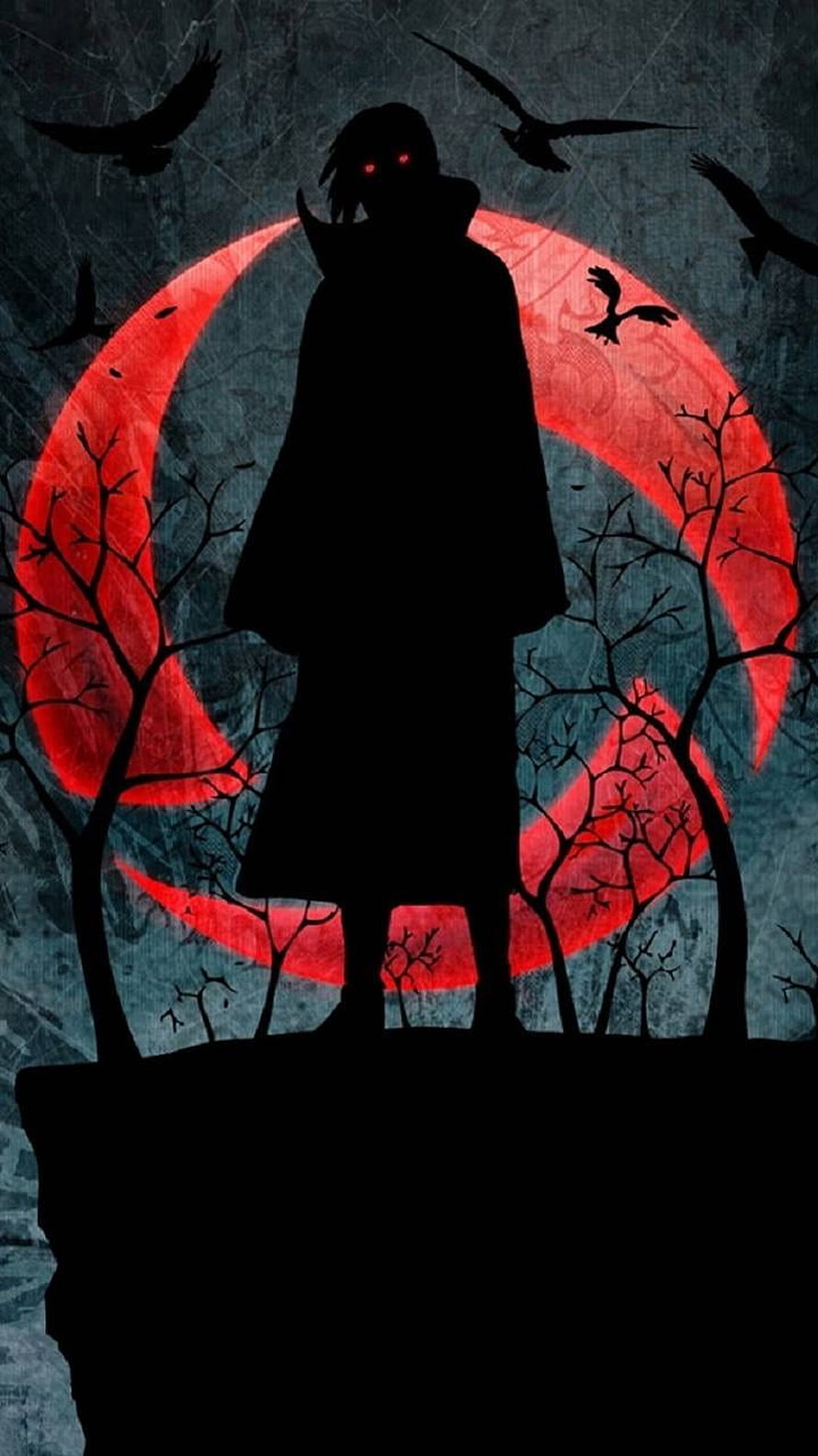 Silhouette of a cloaked figure with glowing red eyes standing on a cliff against a red moon and crows HD phone wallpaper