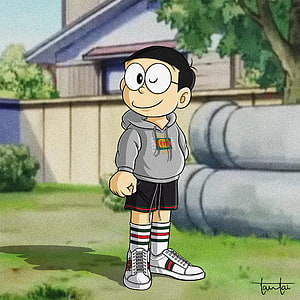 Nobita Nobi from Doraemon wearing a stylish grey Gucci hoodie and sneakers in a suburban neighborhood HD phone wallpaper