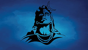 Stylized Blue Silhouette of Lord Shiva with Crescent Moon and Rudraksha HD wallpaper