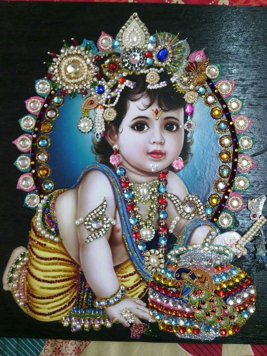 Laddu Gopal Krishna Baby Portrait With Ornate Jewelry And Peacock Motif HD phone wallpaper