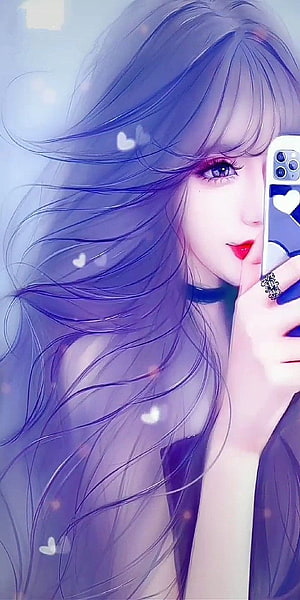 Purple Hued Anime Girl Taking a Mirror Selfie with Floating Hearts HD phone wallpaper