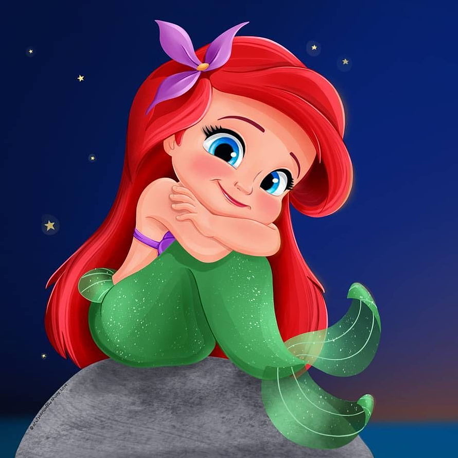 Cute Baby Ariel Mermaid Sitting on Rock with Purple Flower in Hair HD phone wallpaper