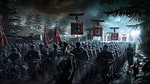 Wehrmacht Infantry Column With Tanks And Iron Cross Banners In Dark Forest HD wallpaper