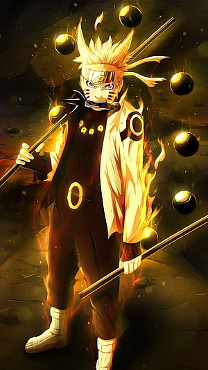Naruto Sage Mode with Rasenshuriken and Chakra Orbs in Fiery Golden Aura HD phone wallpaper