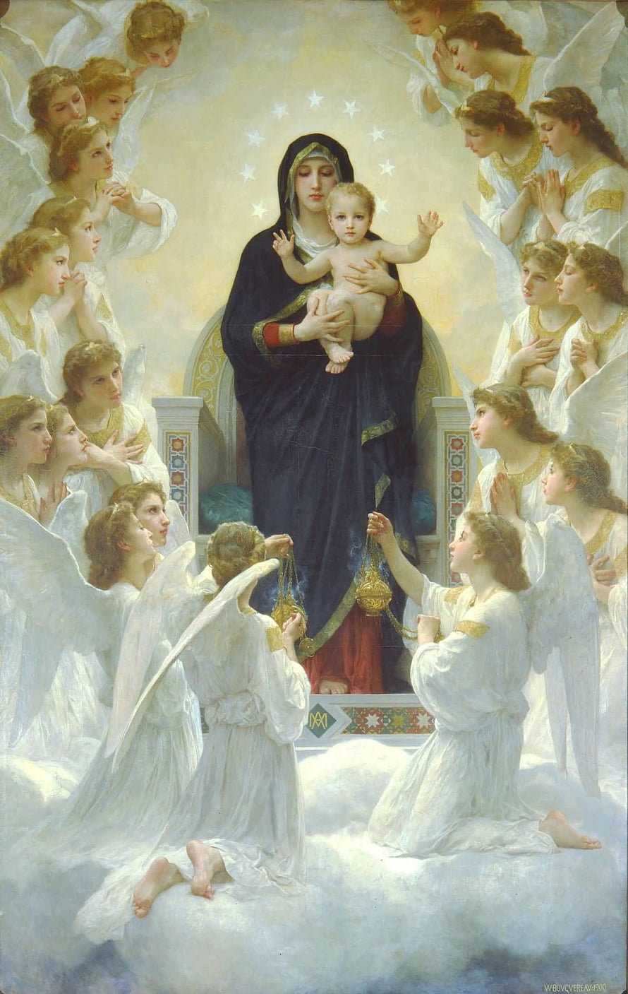 Virgin Mary and Child Surrounded by Angels in Heavenly Clouds HD phone wallpaper