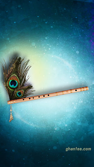 Bamboo Flute with Peacock Feathers on Ethereal Blue Background HD phone wallpaper