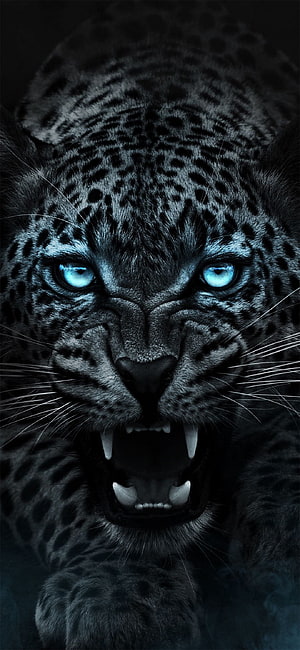 Fierce Black Leopard with Glowing Blue Eyes and Bared Fangs in Dark Portrait HD phone wallpaper