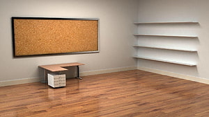 Minimalist Empty Office Room With Wooden Floor, L-Shaped Desk, Cork Board, And White Shelves HD wallpaper