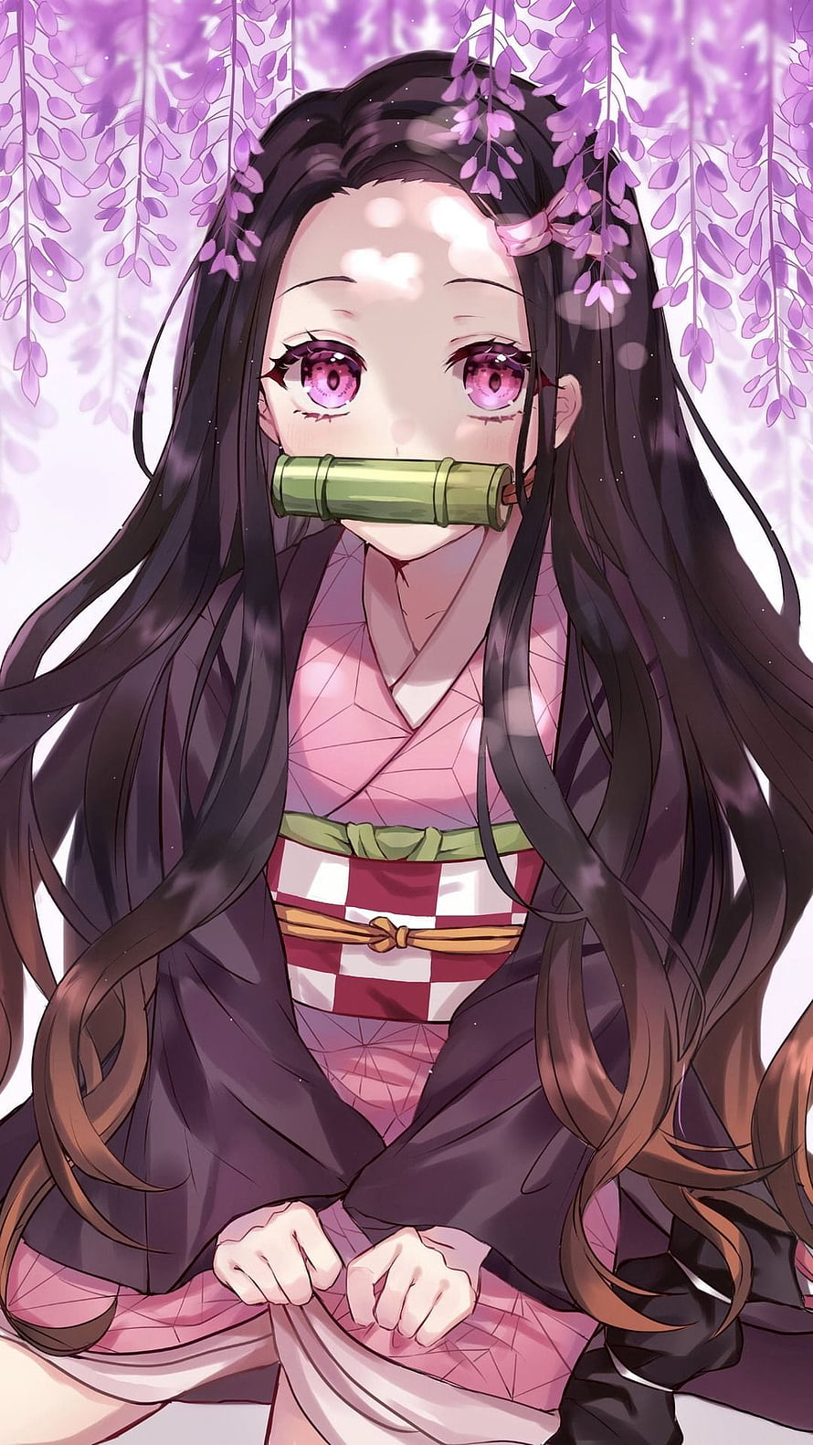 Nezuko Kamado from Demon Slayer Sitting Under Wisteria Blossoms in Traditional Kimono HD phone wallpaper