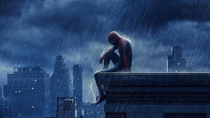 Sad Spider-Man Sitting on Rooftop in Heavy Rain and Storm, Spider Man Sad, sad spider man HD wallpaper