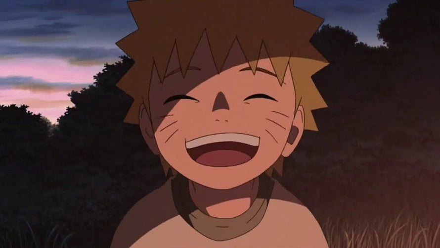 Naruto Uzumaki Laughing Joyfully at Sunset in the Forest HD wallpaper