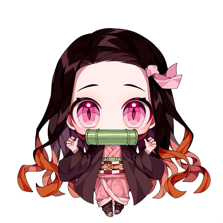 Chibi Nezuko Kamado from Demon Slayer with Bamboo Mouthpiece and Pink Hair Bow HD phone wallpaper