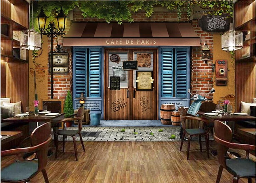 Retro Paris Cafe Interior With Brick Facade, Blue Shutters, and Vintage Scooter HD wallpaper