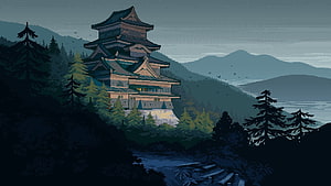 Japanese Castle Pixel Art Landscape with Pine Forest and Misty Mountains HD wallpaper
