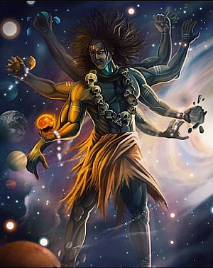 Lord Shiva Cosmic Dance Wallpaper - Multi-Armed God in Space with Planets and Skulls HD phone wallpaper