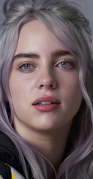 Billie Eilish Close-Up Portrait with Silver Hair and Blue Eyes HD phone wallpaper