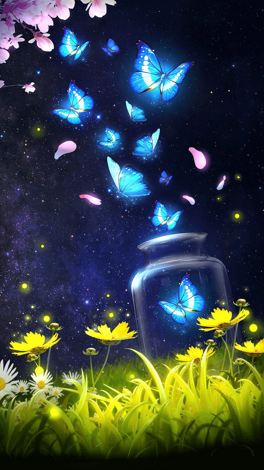 Glowing Blue Butterflies Emerging From Glass Jar Under Starry Night Sky With Flowers HD phone wallpaper