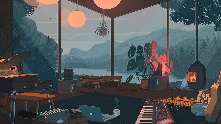 Cozy Cabin Interior with Piano and Keyboard Overlooking Rainy Mountain Lake HD wallpaper