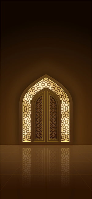 Illuminated Islamic Arch with Geometric Star Patterns and Warm Golden Glow HD phone wallpaper