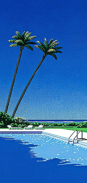 Retro Vintage Poolside Scene With Palm Trees And Lounge Chairs HD phone wallpaper