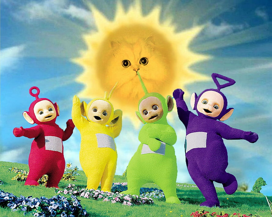 Teletubbies Characters Dancing on a Flower Meadow Under a Sun with a Cat Face HD wallpaper