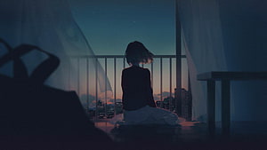 Anime Girl Sitting on Balcony Watching City Sunset HD wallpaper