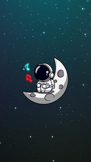 Cute Cartoon Astronaut Sitting on Crescent Moon with Music Notes in Starry Night Sky HD phone wallpaper
