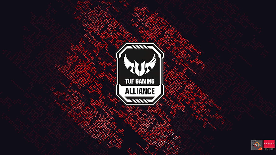 ASUS TUF Gaming Alliance Logo on Dark Red Pixelated Background HD wallpaper