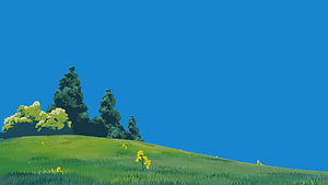 Studio Ghibli Style Animated Hillside Landscape With Trees And Wildflowers HD wallpaper