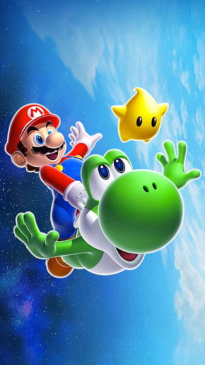 Mario Riding Yoshi with a Star in a Blue Sky HD phone wallpaper