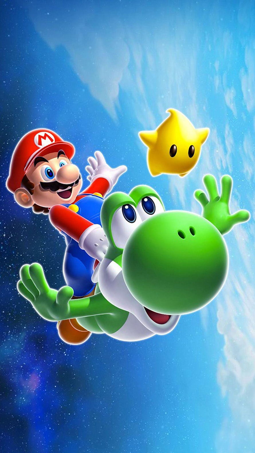 Mario Riding Yoshi with a Star in a Blue Sky HD phone wallpaper