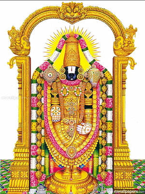 Lord Perumal adorned in golden ornaments and floral garlands within a traditional temple arch HD phone wallpaper