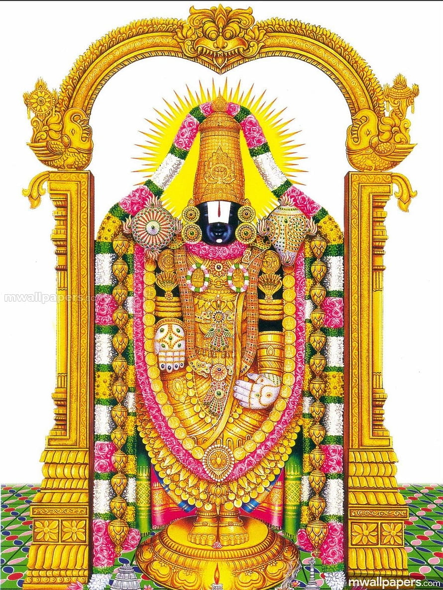 Lord Perumal adorned in golden ornaments and floral garlands within a traditional temple arch HD phone wallpaper