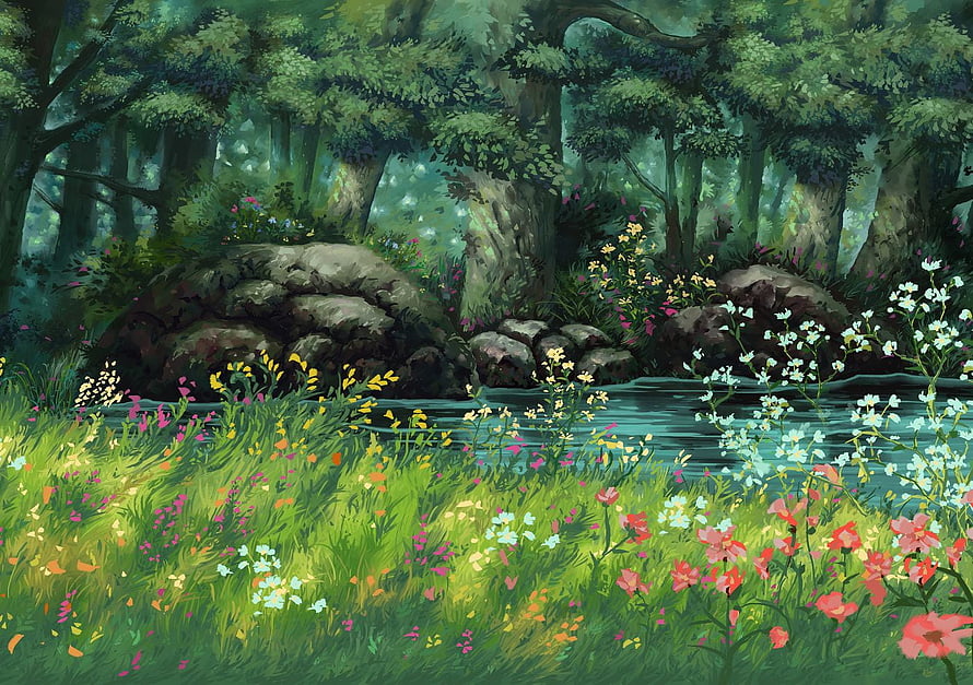 Enchanted Forest Stream with Wildflowers and Ancient Trees HD wallpaper