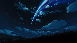 Stunning Anime Style Meteor Shower Over Dark Grassland Night Sky HD wallpaper