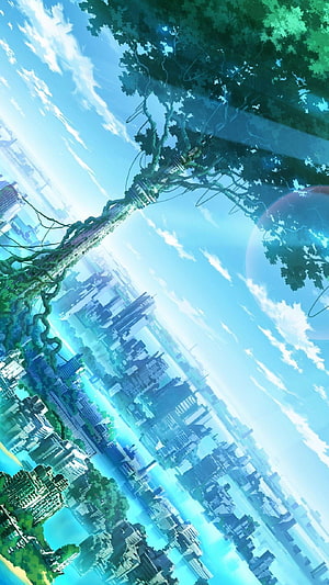 Anime Fantasy Cityscape with Giant Tree and Floating Planet HD phone wallpaper