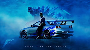 Nissan Skyline GT-R R34 Godzilla with man leaning on car in blue cinematic lighting, godzilla … in 2020, paul walker skyline r34 HD wallpaper