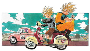 Dragon Ball Z Son Goku and Gohan Riding a Scooter Past Bulma in a Capsule Car HD wallpaper