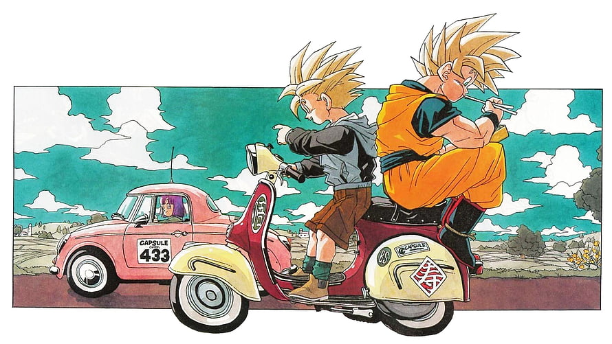 Dragon Ball Z Son Goku and Gohan Riding a Scooter Past Bulma in a Capsule Car HD wallpaper