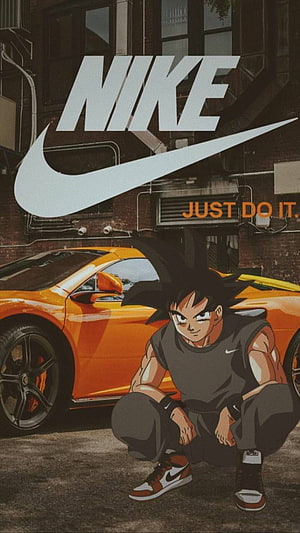 Goku in Nike Streetwear Squatting Beside Orange Sports Car Urban Wallpaper HD phone wallpaper